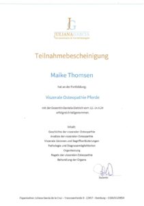 Zertifikat zur Weiterbildung zur viszeralen Osteopathie