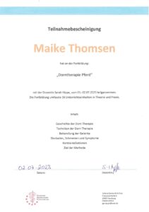 Zertifikat zur Weiterbildung in Dorntherapie für Pferde