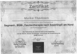 Zertifikat: Fachseminar Segment-, BGM- und Faszientherapie nach Szperling am Hund